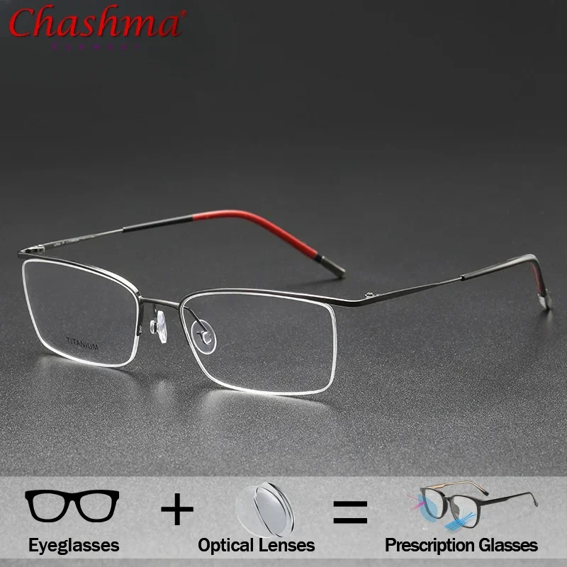 Chashma Men Pure Titanium Eyewear Semi Rim Prescription Glasses Wide Flexible Optical Progressive Lenses Reading Glasses