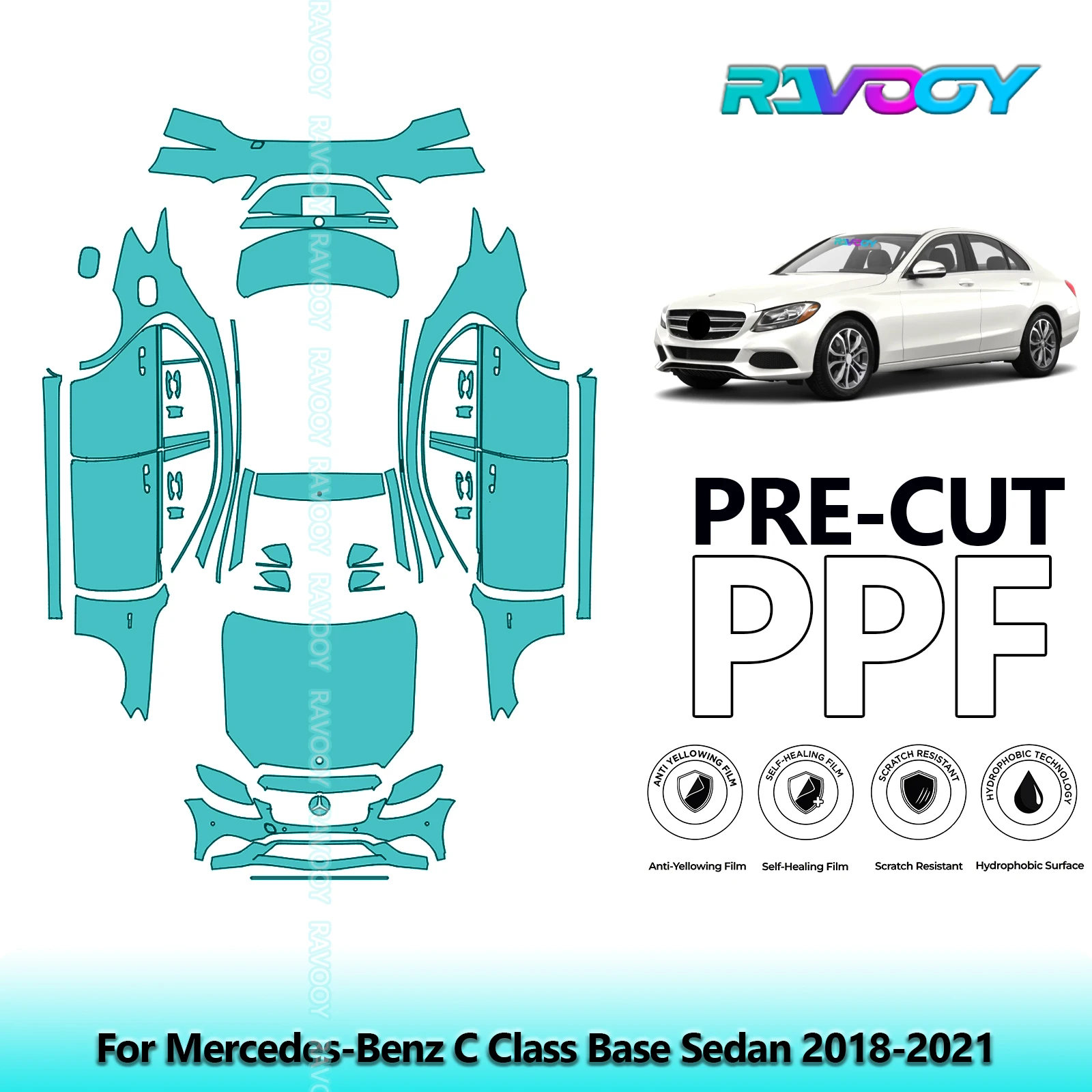 

Полный автомобильный прозрачный бюстгальтер, предварительно вырезанная защитная пленка PPF для Mercedes-Benz C Class Base Sedan 2018-2021