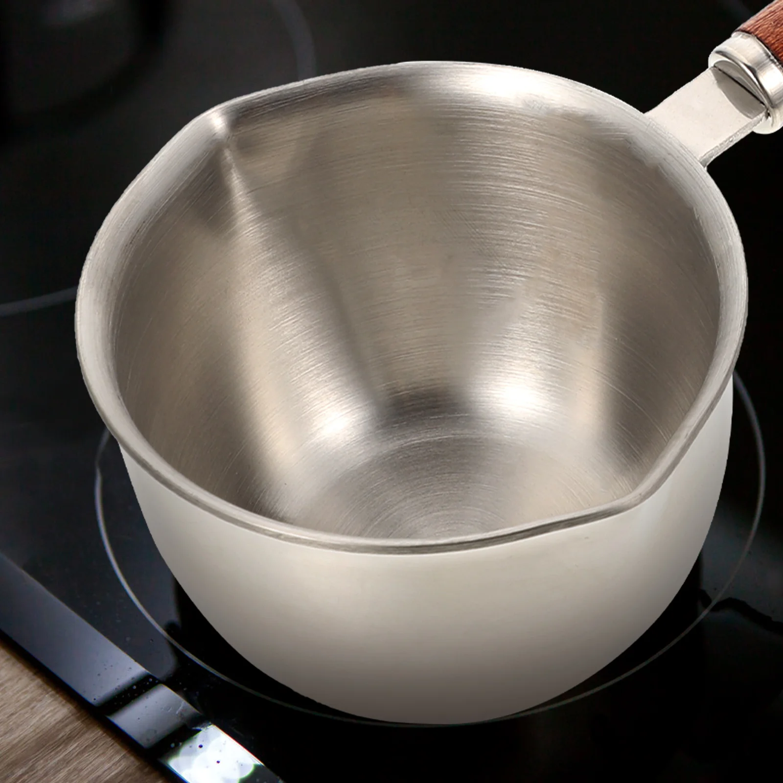 

Stainless Steel Pouring Pot Wood Handle Small Saucepan Multi-Use Oil Heating Pan Lightweight Portable Cooking Pan Reusable