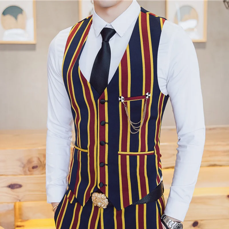 Chaleco 2022 Hombre Fashion British Style Stripe Printing Single Row Buckle Vest Waiter Nightclub Vest Work Clothes Vest Man