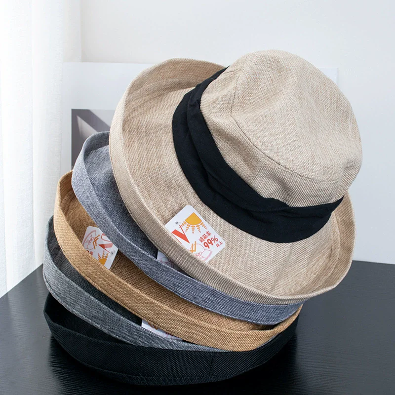 2025 Cotton Linen Fisherman Sun Hat for Women Female Summer Foldable Brim UV Sunscreen Rolled Edge Outdoor Beach Cap