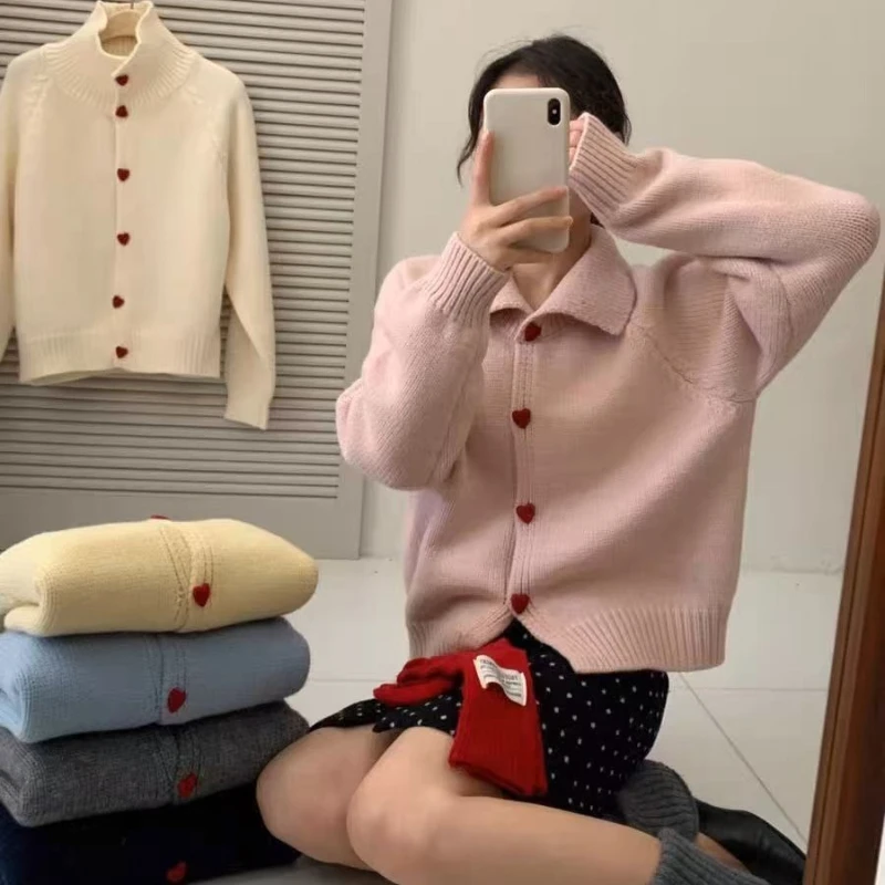 Korean Collared Knit Women Cardigan 2026 Autumn Winter Solid Soft Heart Buttons Loose Sweater Figure Flattering Design Outerwear