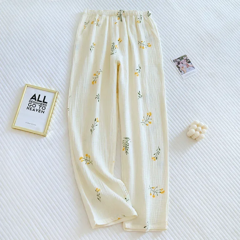 2024 Japanese Spring/Summer New Women\'s Pajama Pants 100% Cotton Crepe Pants Sweet and Cute Pajama Pants Ladies Loose Home Pants