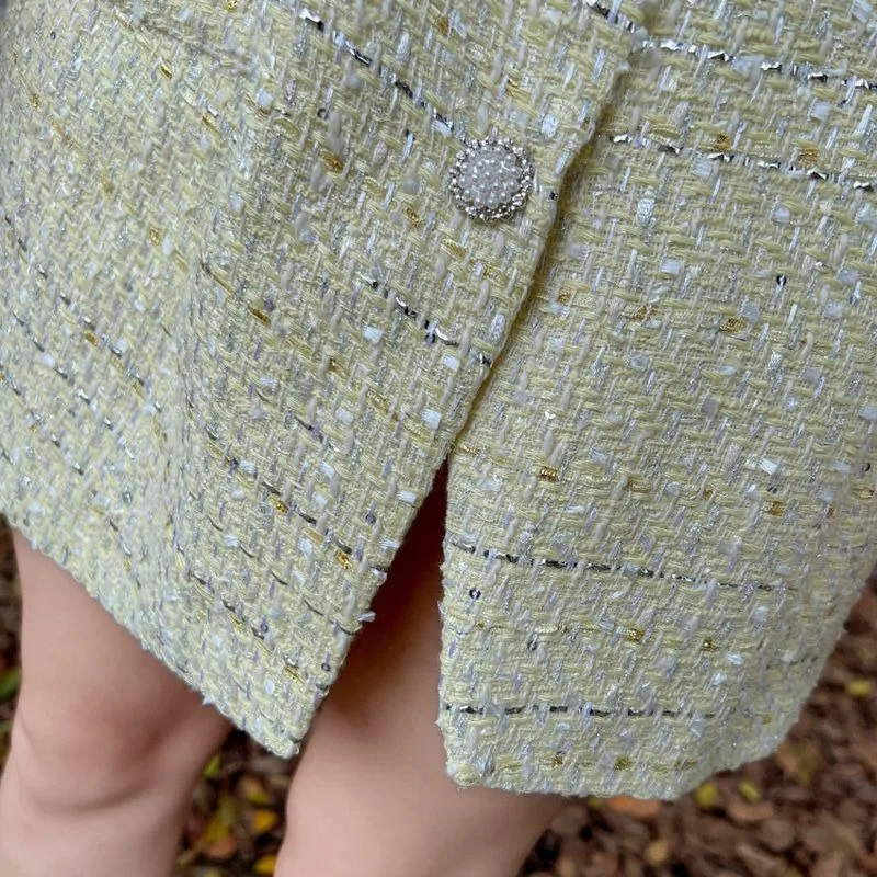 UNXX-Ensemble deux pièces en tweed jaune pour femme, haut court, veste courte en laine, manteau et mini jupes, olympiques 2 pièces, petit parfum, automne