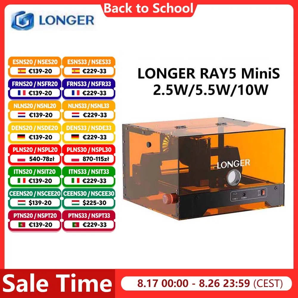 LONGER RAY5 MiniS 2,5W/5,5W/10W Lasergraviergerät Einzel-Diodenlaser mit FAC, unterstützt USB/WiFi/App-Steuerung, Arbeitsbereich 130*140mm