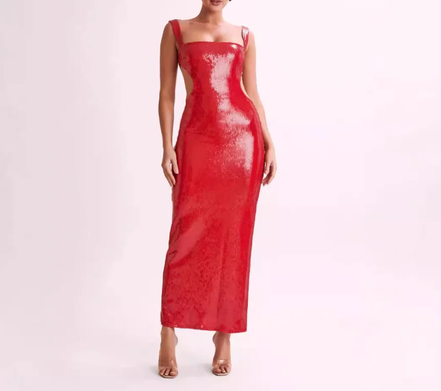 New Fashion Sexy Sleeveless Slash Neck Sequin Solid Color Slim Fit Ankle-Length Spaghetti Strap Dress For Women,2 Colors