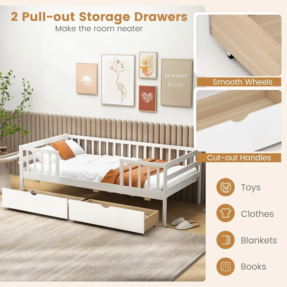 Wood Twin Bed Frame with Fence Rails & 2 Pull-Out Drawers, Kids Twin Bed Frame with Side Shelf, No Box Spring Needed Solid Wood