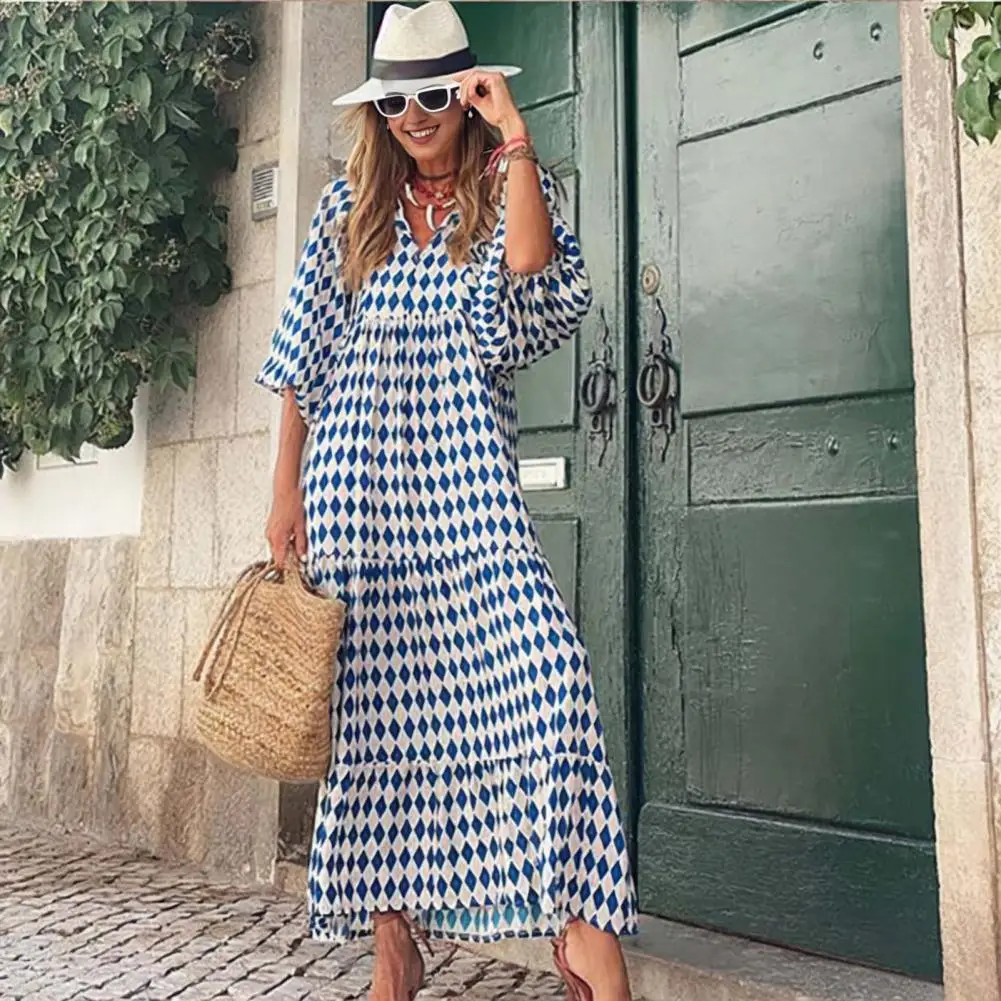 Vestido largo bohemio con manga abullonada para mujer, ropa elegante informal con cordón Floral, cuello en V, holgado, para vacaciones y playa, verano, 2024