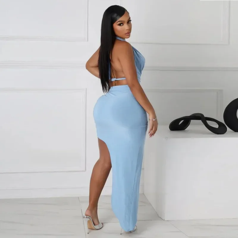 Guwu moda festa vestido feminino conjunto com decote em v ruched superior e lado alta divisão maxi saias longas verão dois conjuntos de 2 peças roupa