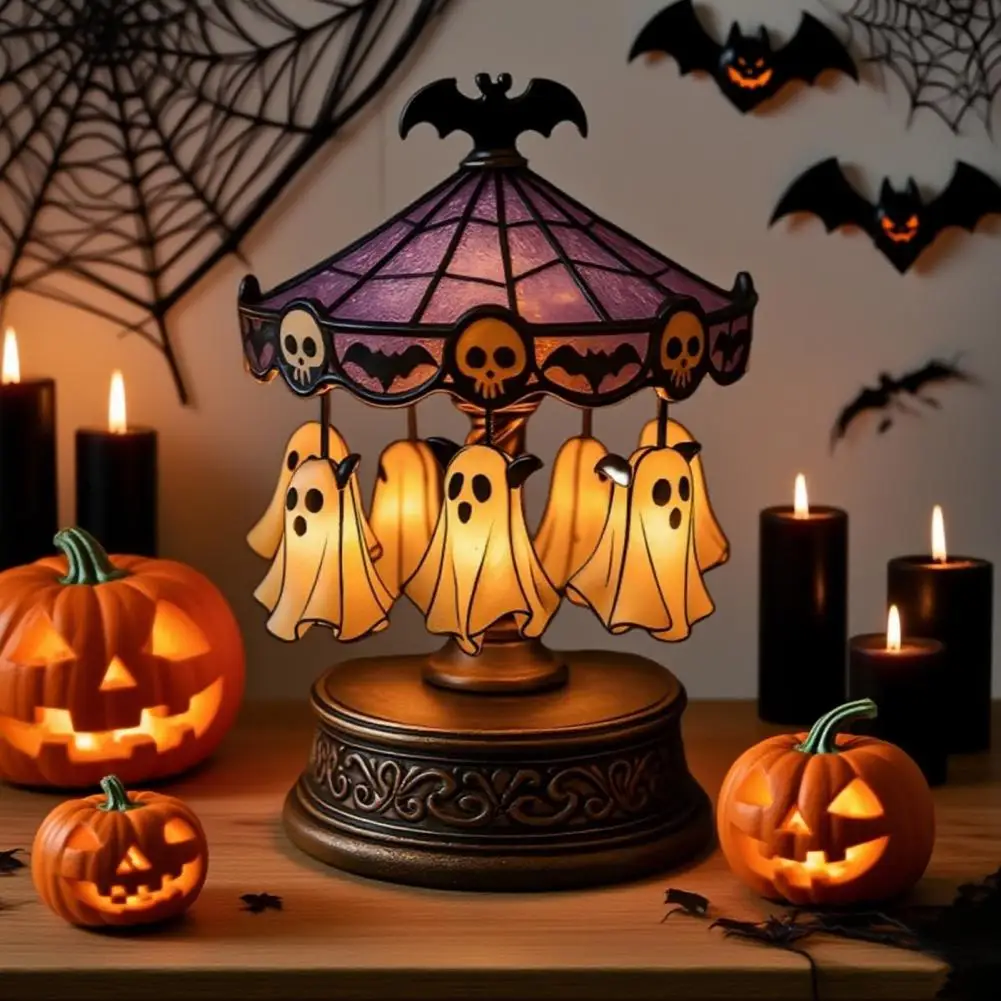 شبح كاروسيل ضوء الزجاج الملون كاروسيل ضوء الليل مع هالوين مكتب القراءة مصباح لغرفة النوم رف منضدية ديكور