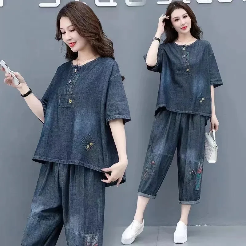 2024 Summer New Women\'s Denim Loose Fit Slim Fashion Two Piece Embroidered Western Style Casual Set For Female Trend