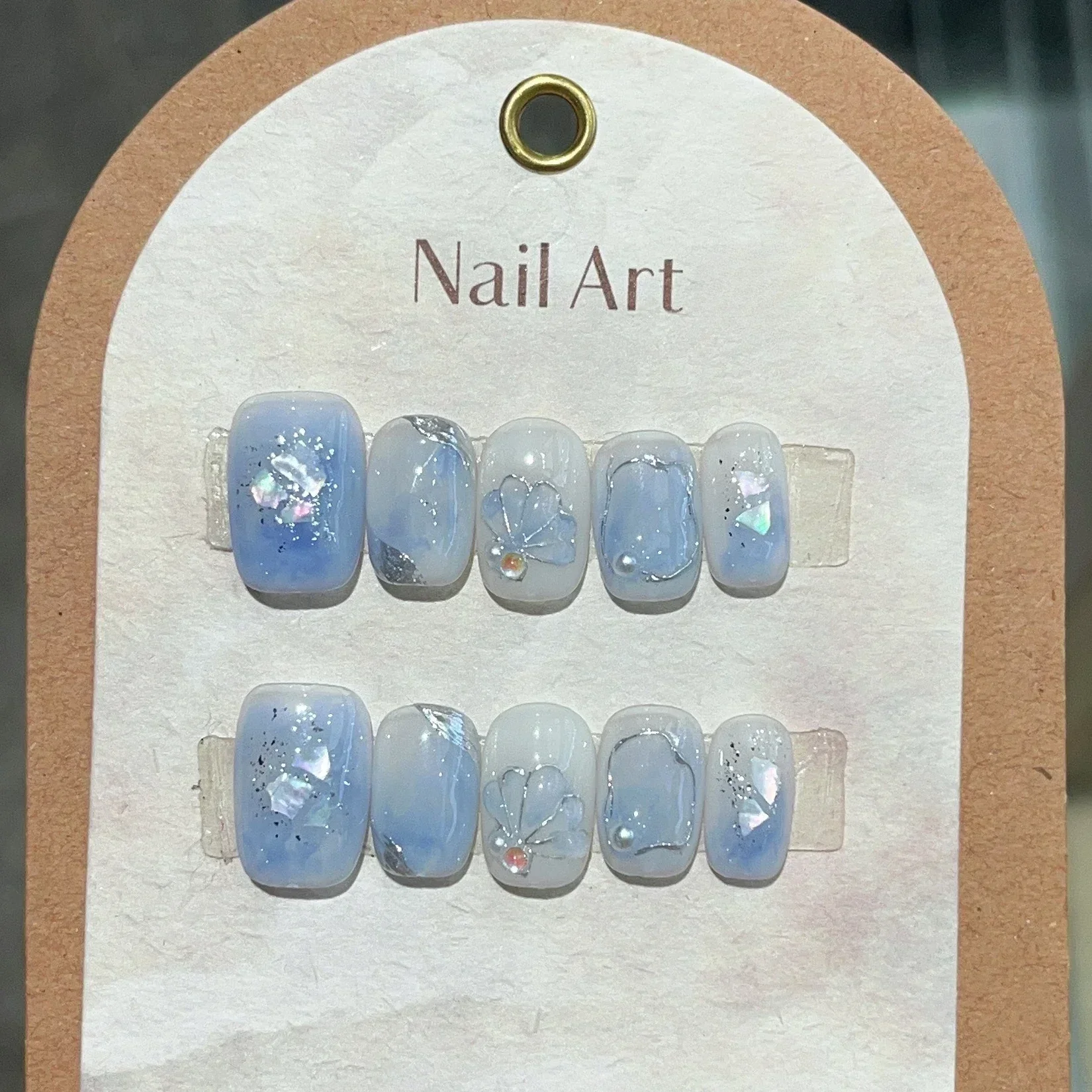 10Pcs Blue Handmade Press on Nails Full Cover Love Butterfly Design Summer Short Ballet False Nails Wearable Manicure Nail Tips