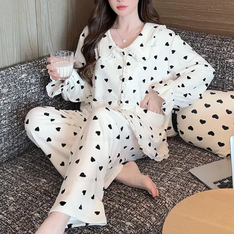 Autumn Winter New Bilayer Island Velvet Home Wear Women's Loose Pajamas Set 2Pcs Cute Print Top&pants Warm Nightwear Loungewear