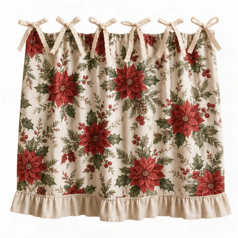 Xmas Tree Snowflake Printed Christmas Oven Short Curtain Ruffled Edge American Countryside Style Farmhouse Oven Skirt Decorative