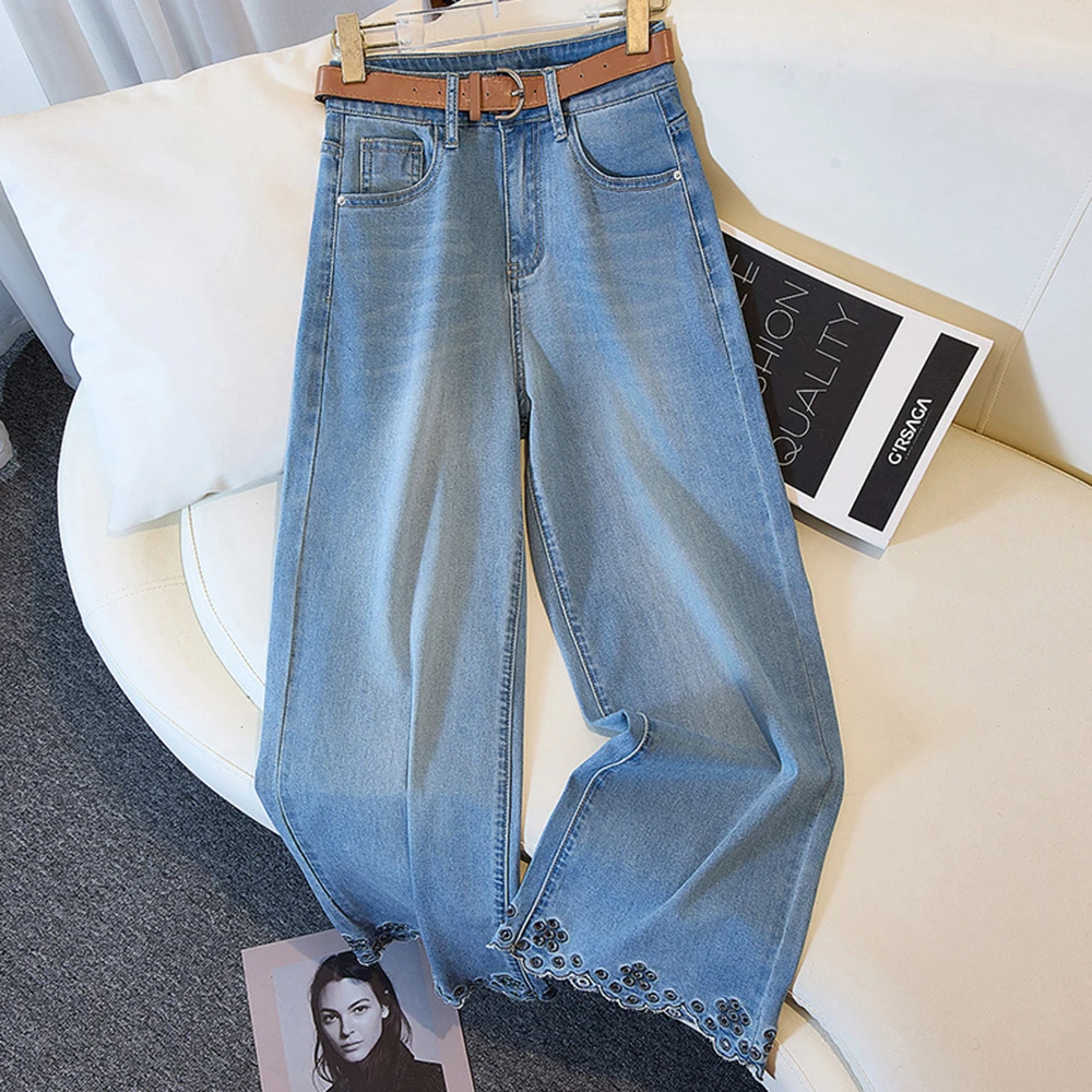 

Hollow Out Icesilk Denim Pants Women's Embroidered Summer Autumn Nine Point Straight Wide Leg Jeans High Waist Casual Trousers