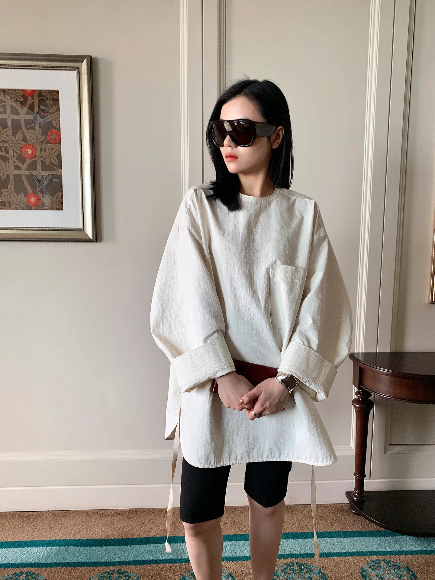 

MUALLYCHEN Commuter Style Cotton Blend Women's Shirt round Neck Sash Design Breathable Long Sleeve Mid-Length Casual Top