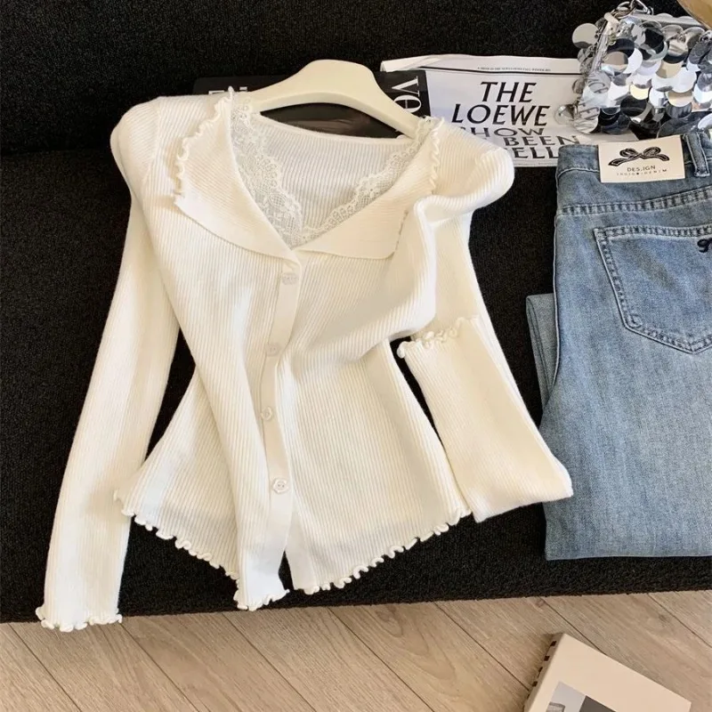 French Lace V-neck Splicing Fungus Edge Long-sleeved Sweater for Women Autumn Winter New Bottoming Shirt Top CardiganYY4