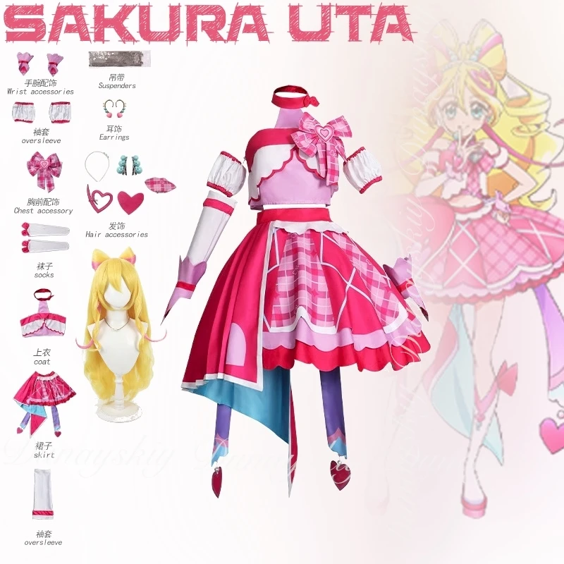 

Pretty Cure Anime Sakura Uta Cosplay A Cheerful Lively Girl With Pink Dress With Blonde Long Curly Wig Cosplay Costume Full Suit