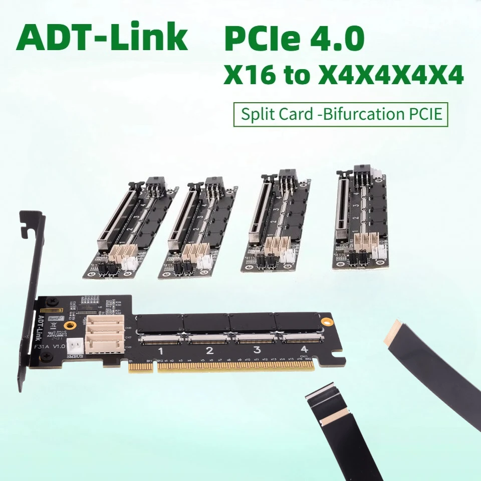 PCIe 4.0 x16 FFC Graphics Card Extension Cable 1 to 4 PCI-E Riser Gen 4.0 Split Card PCIe-Bifurcation 16X to X4X4X4X4 X8X8 Split
