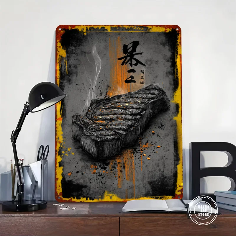 Ukiyo Minimalism Grilled Steak Tin Plaque Poster Customized Wall Art Retro Vintage Metal Signs for Man Cave Room Ornaments Decor
