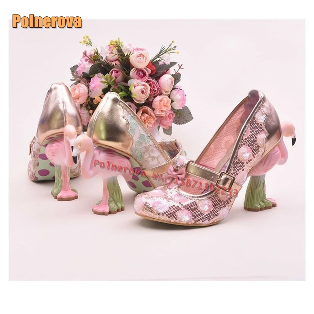 Bowknot Sequined Cloth Flamingo Heel Pumps 2025 Spring New Style Embroidery Round Toe Shallow Buckle Strap Women Mary Janes Shoe