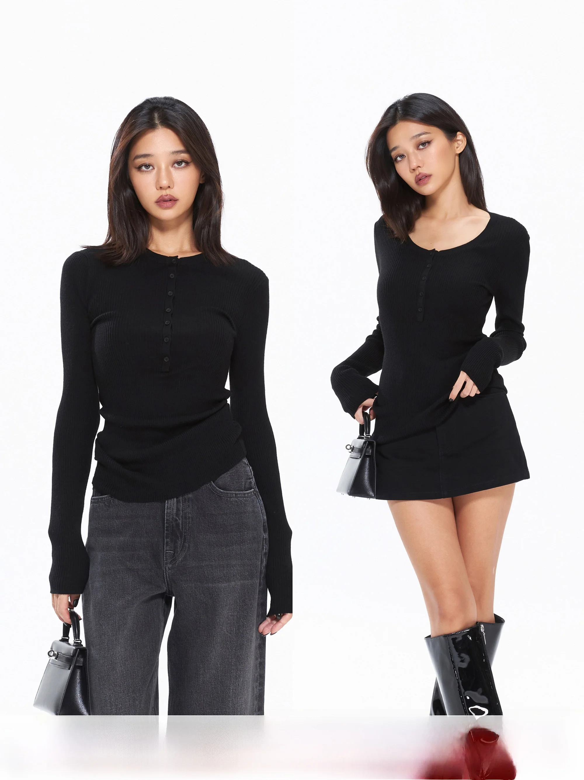 

Женский вязаный свитер MIRANDA SONG из тонкой шерсти Yangzi с круглым вырезом и воротником хенли, приталенный крой