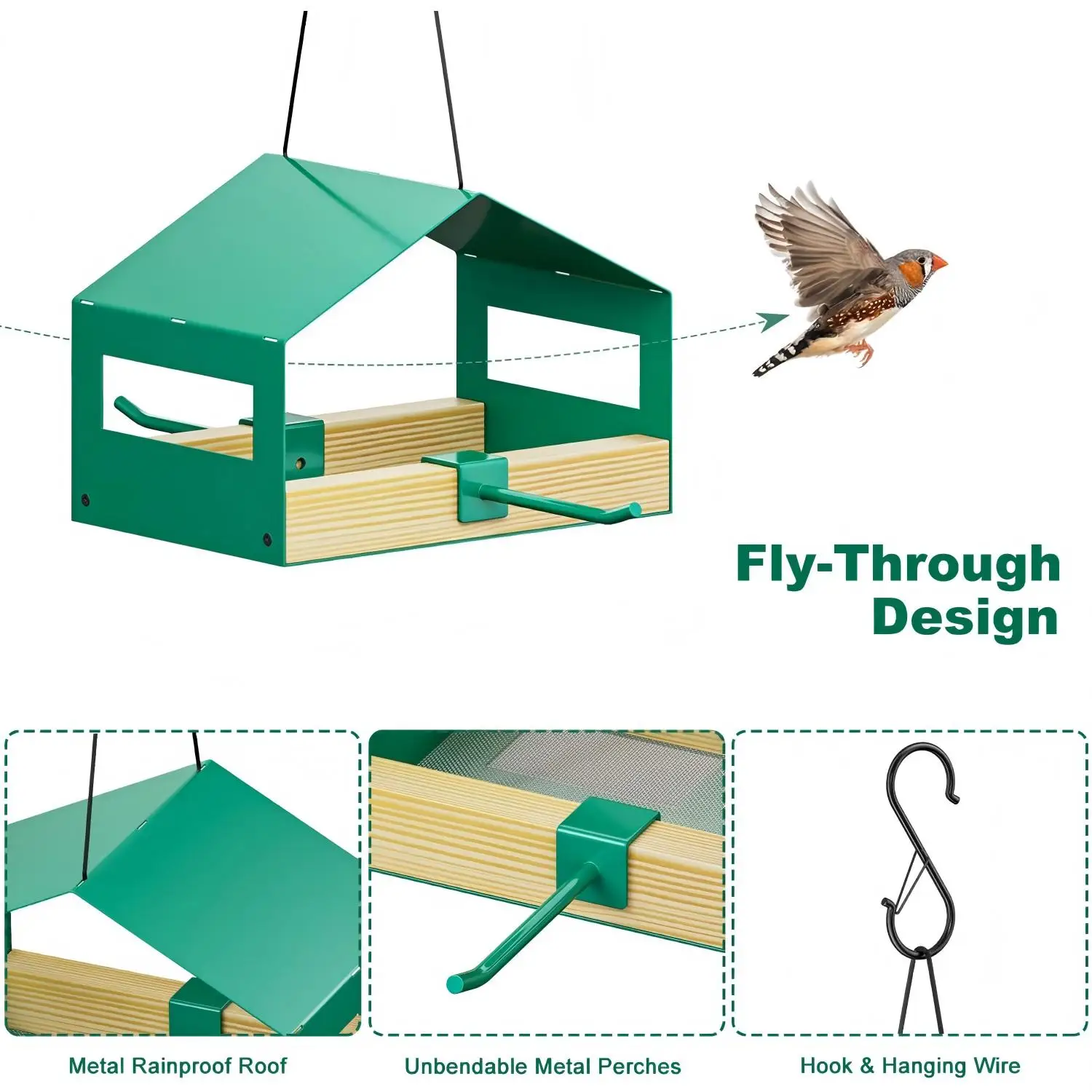 Fly-Through Bird Feeder Metal Rainproof Roof Stainless Steel Mesh Outdoor Wild Bird Feeder for Garden Yard Patio view 3