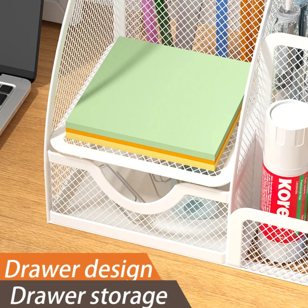 Mesh Pen Holder and Organizer Office Supplies with 7 Compartments, Desktop Organizer with Drawer, Metal Pen Holder for Desk