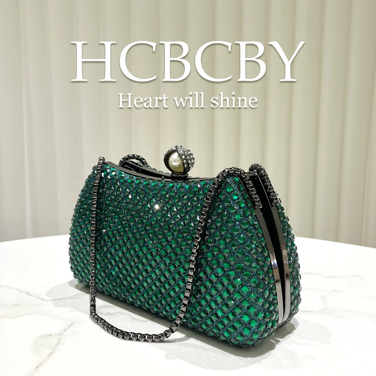 Dark green light luxury flash hot diamond box type dinner bag, women's fashion temperament high-end handbag handbag handbag - view 4