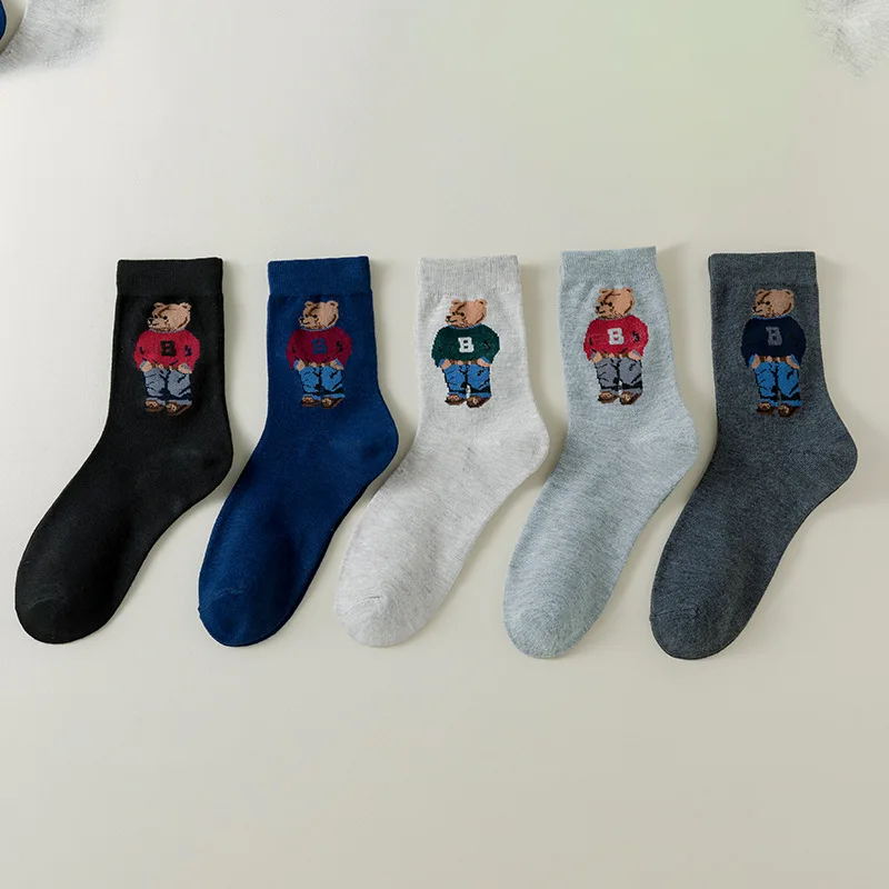 5 Pairs Bear Men and women's Socks Cute Kawaii Harajuku Breathable Autumn Winter Fashion Bear Socks Men Business Christmas Gift