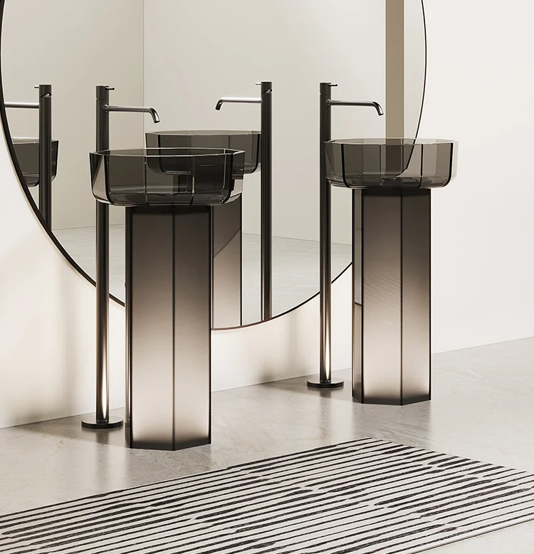 Burgundy floor-to-ceiling hotel clubhouse, transparent resin luminous with light, hand washing, face washing, column basin