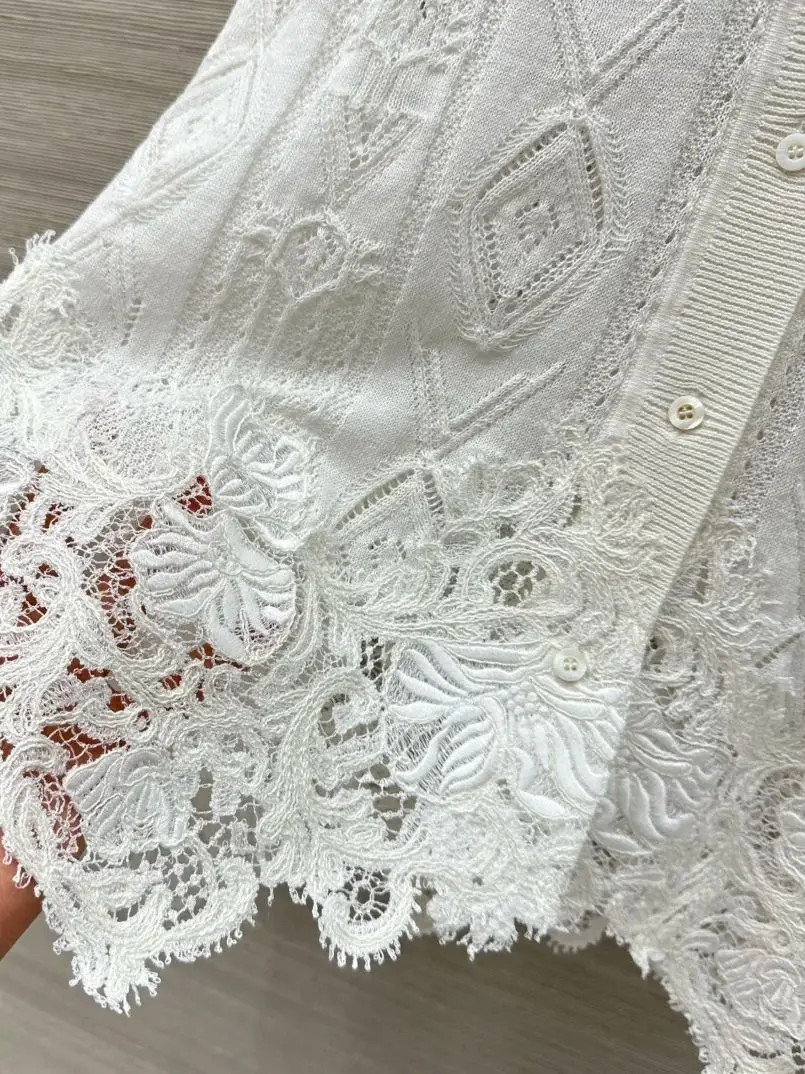 

Женский элегантный вязаный кардиган с длинным рукавом и кружевной вышивкой