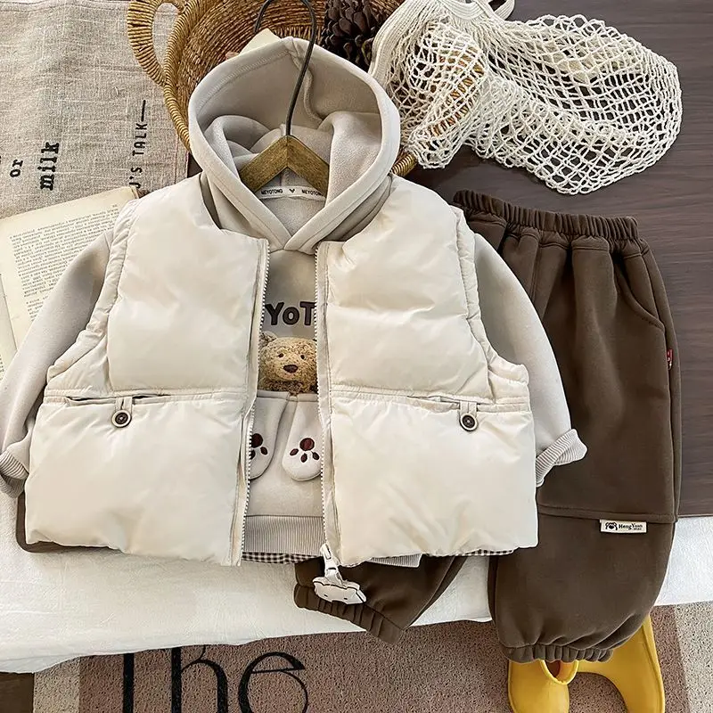 3 PCS set Autumn Winter Boys Girl Cute Thick Vest+Shirt+Loose Harem Pants Kids Children baby Cartoon Handsome Streetwear Clothes