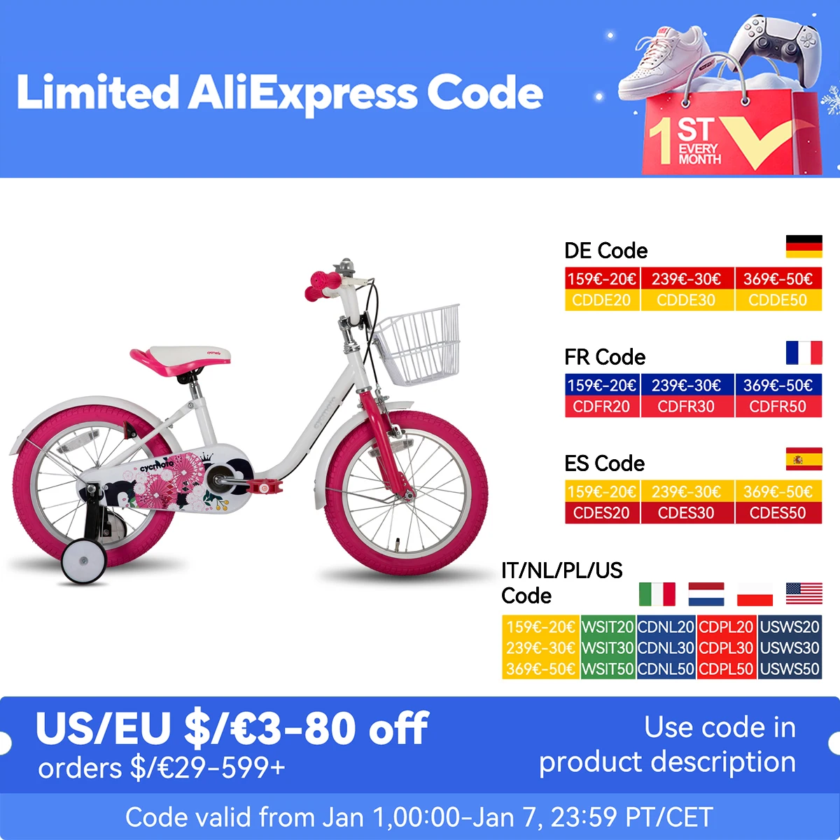 JOYSTAR Girls Bike for Toddlers and Kids Ages 2-7 Year Old, 12 14 16 Inch Kids Bike with Training Wheels, Handbrake and Basket