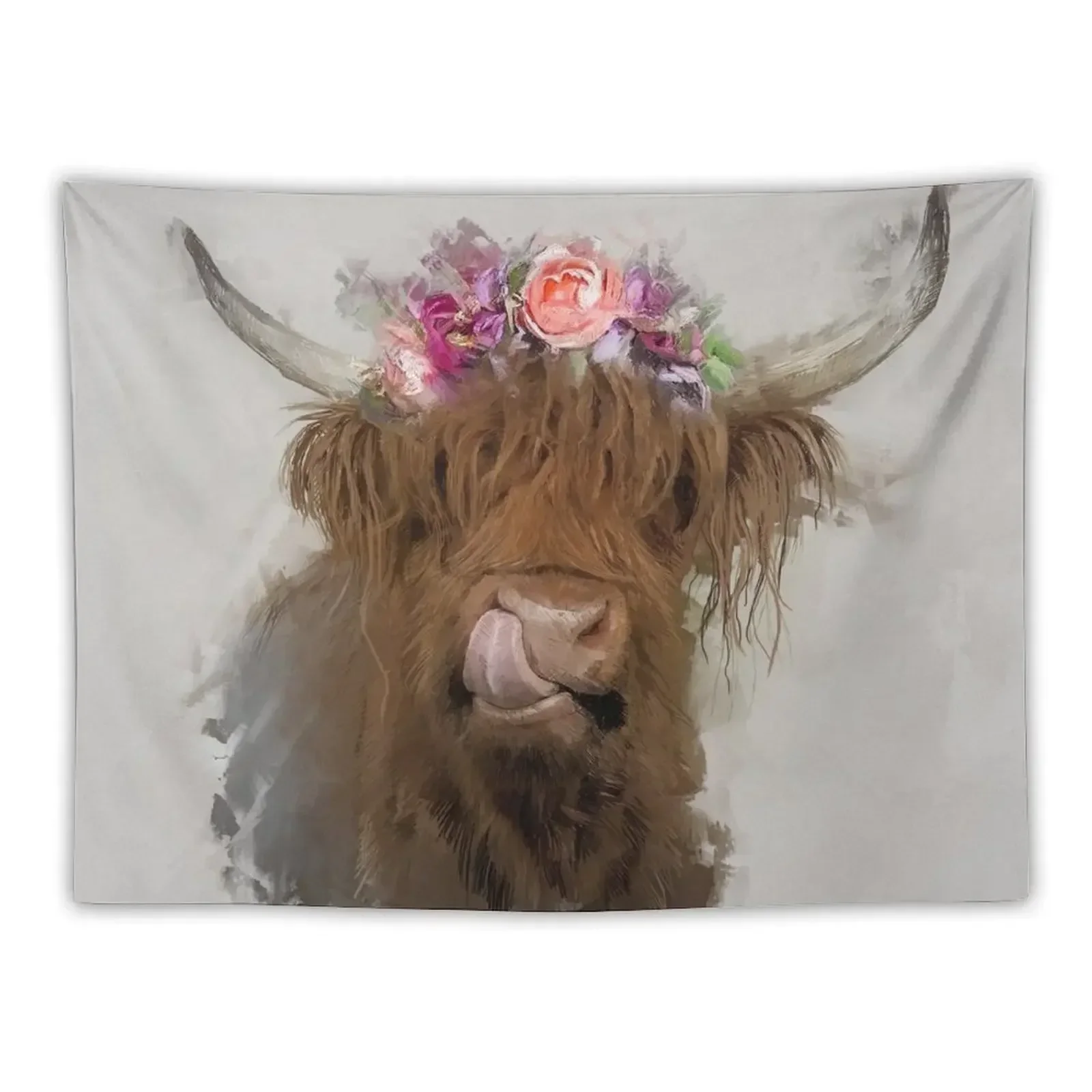 

Highland Cow Flower Crown Painting Tapestry Bedroom Decor Room Decore Aesthetic Carpet On The Wall Tapestry