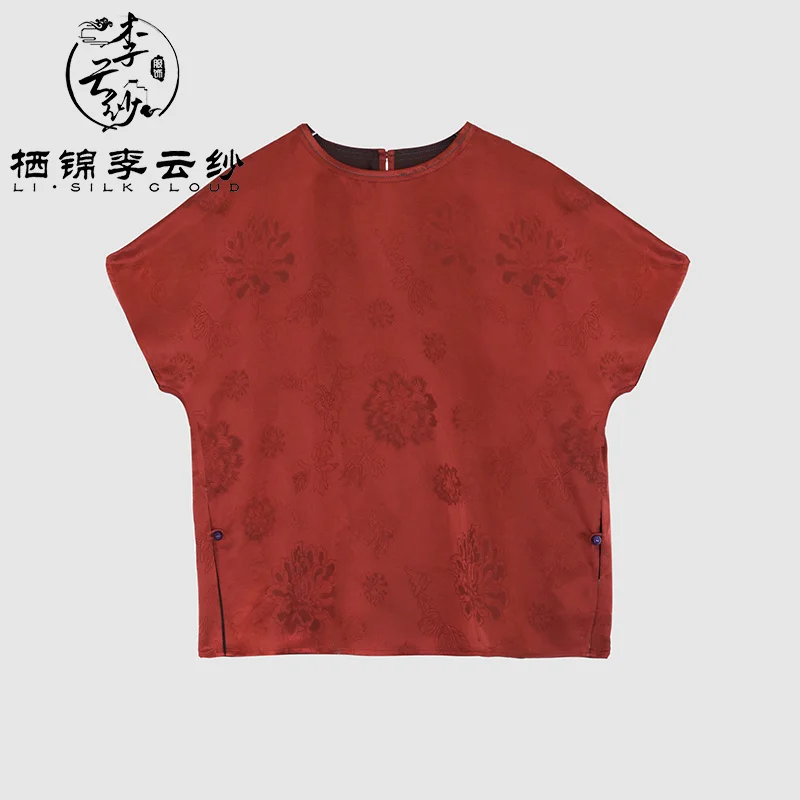 Handmade Women's Black Xiangyunsha Short Sleeve Top - Traditional Silk Fabric,  100% Natural Silk，Classic Chinese Style