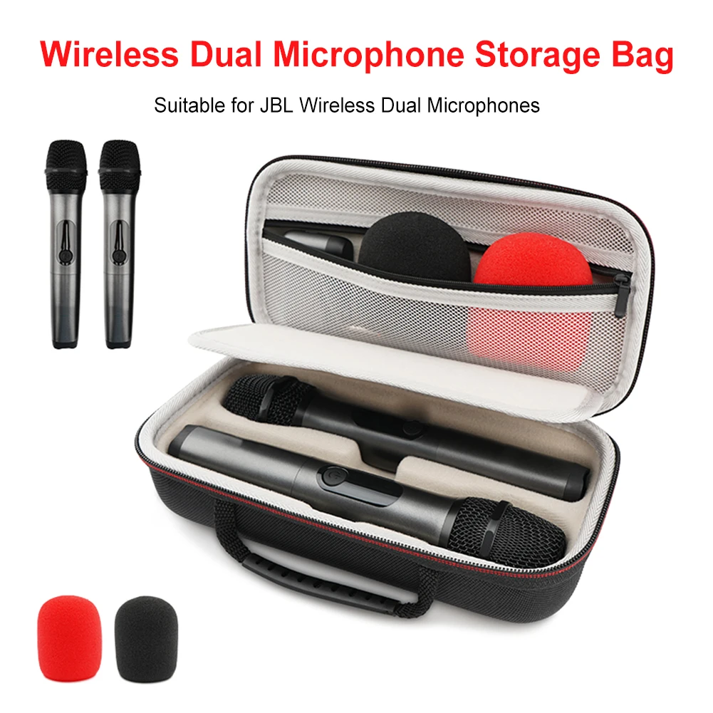 EVA 하드 듀얼 무선 마이크 보관 가방 지퍼 포함 핸드헬드 듀얼 마이크 케이스 리시버 어댑터 AA 배터리 충전기용