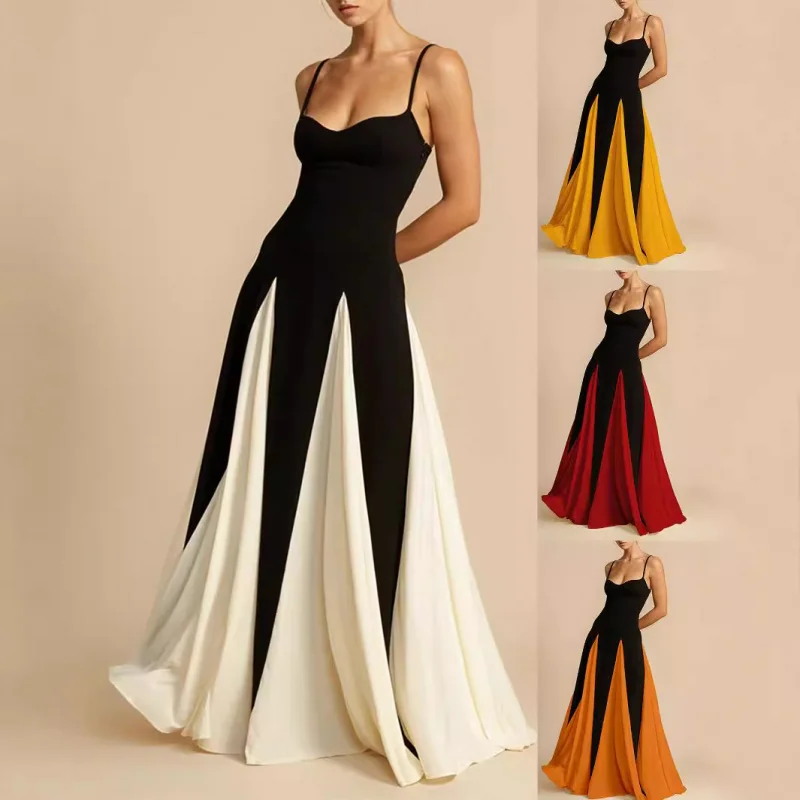 

Women's Elegant Fashion Sexy Nightclub Trend Off-Shoulder Patchwork Flared Strap Evening Dress
