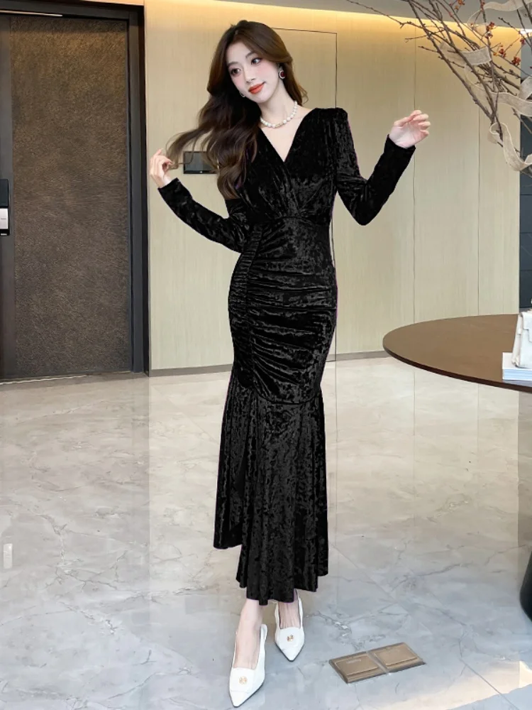 SMTHMA New Autumn Fashion Style Sexy V-Neck Gold Velvet Long Dress Women\'s Full Sleeve Mid-Length Elegant Dresses