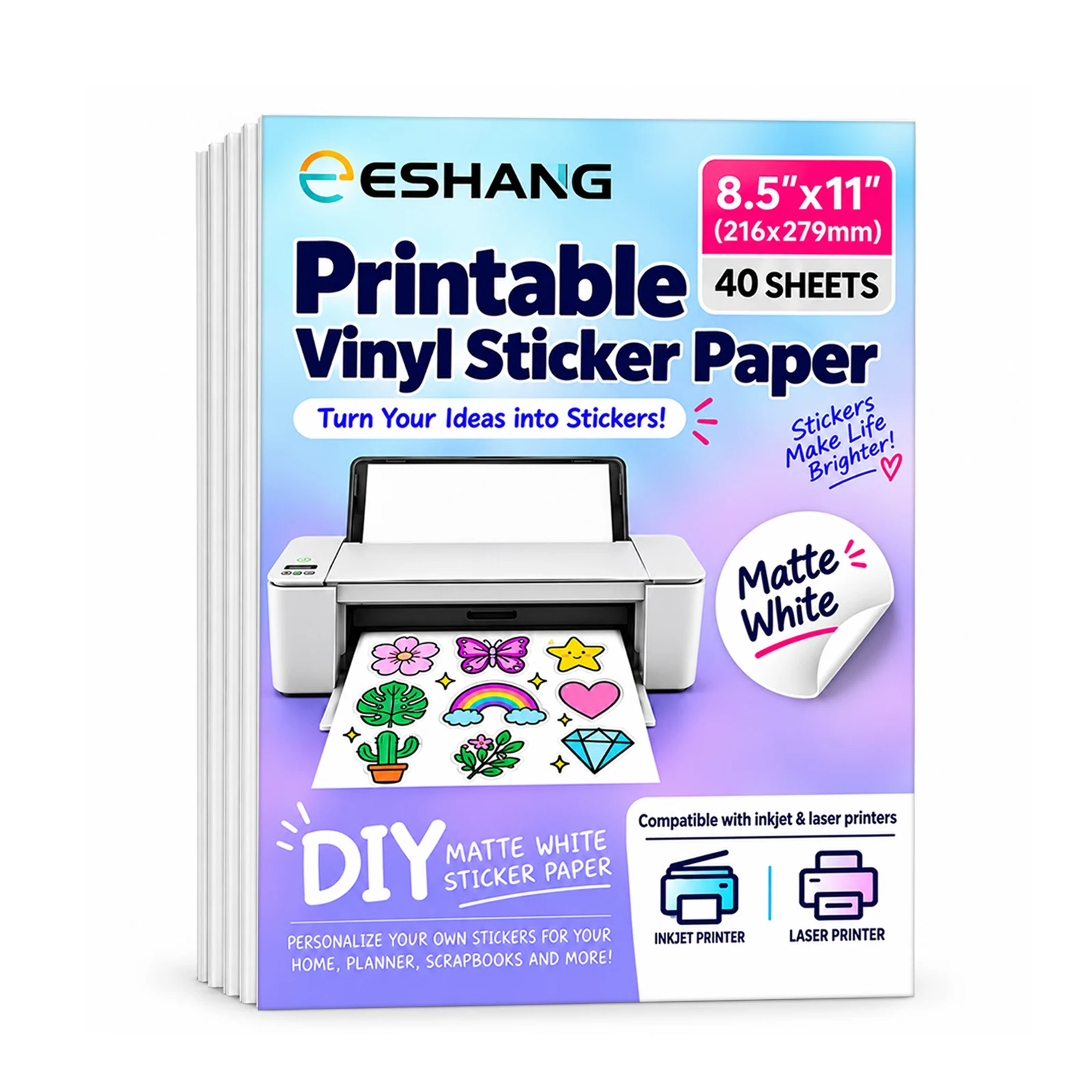 40 Sheets 8.5x11 Inch Matte White Printable Vinyl Sticker Paper Self-Adhesive Inkjet Compatible Tear-Resistant Labeling Paper