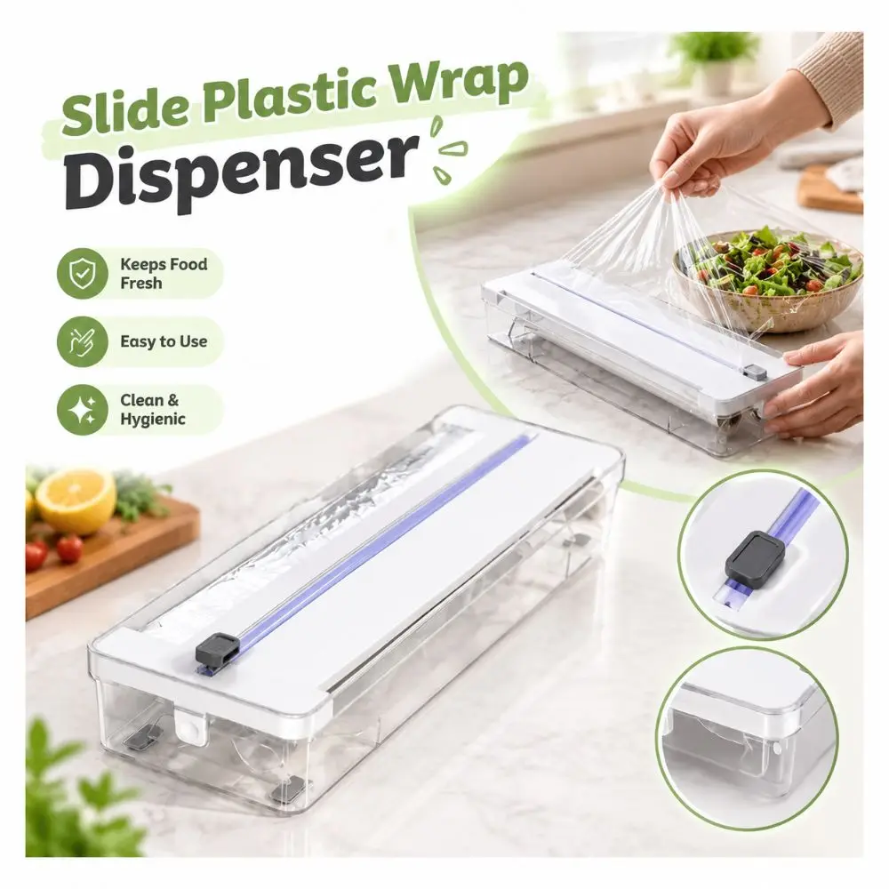 New Slide Plastic Wrap Dispenser Clear Kitchen Wrap Organizer Food Wrap Storage Box Wall Mountable Cling Film Cutter Box