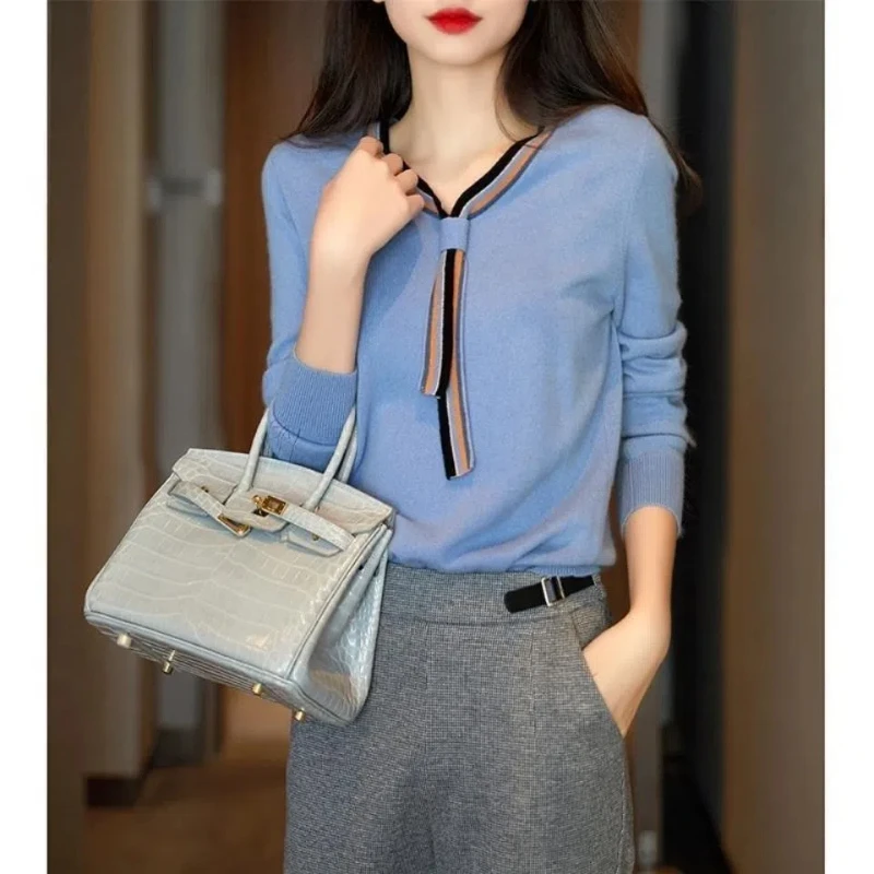 

Spring Autumn New Fashion V-neck Long Sleeve Solid Color Pullovers Women's Clothing Thin Ribbon Korean Knitting Temperament Tops