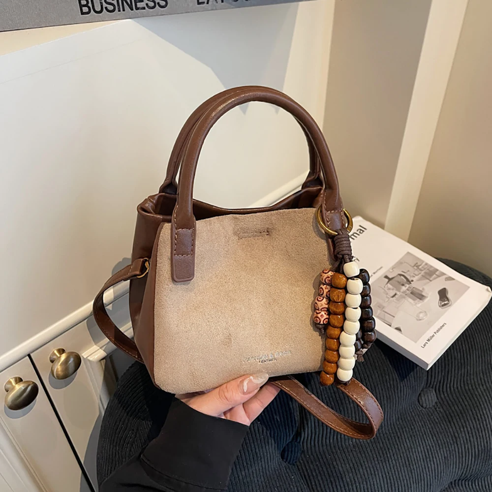 Autumn Winter Patchwork Temperament Handbags Women's Fashion Buckle Bucket Bag High Grade Versatile Commute Crossbody Bags
