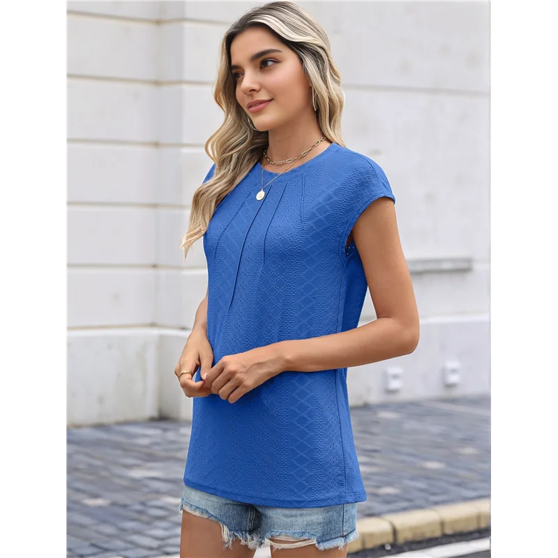 ASDS-レディース サマー プリーツ ドレスアップ カジュアル キャップ 半袖 Tシャツ