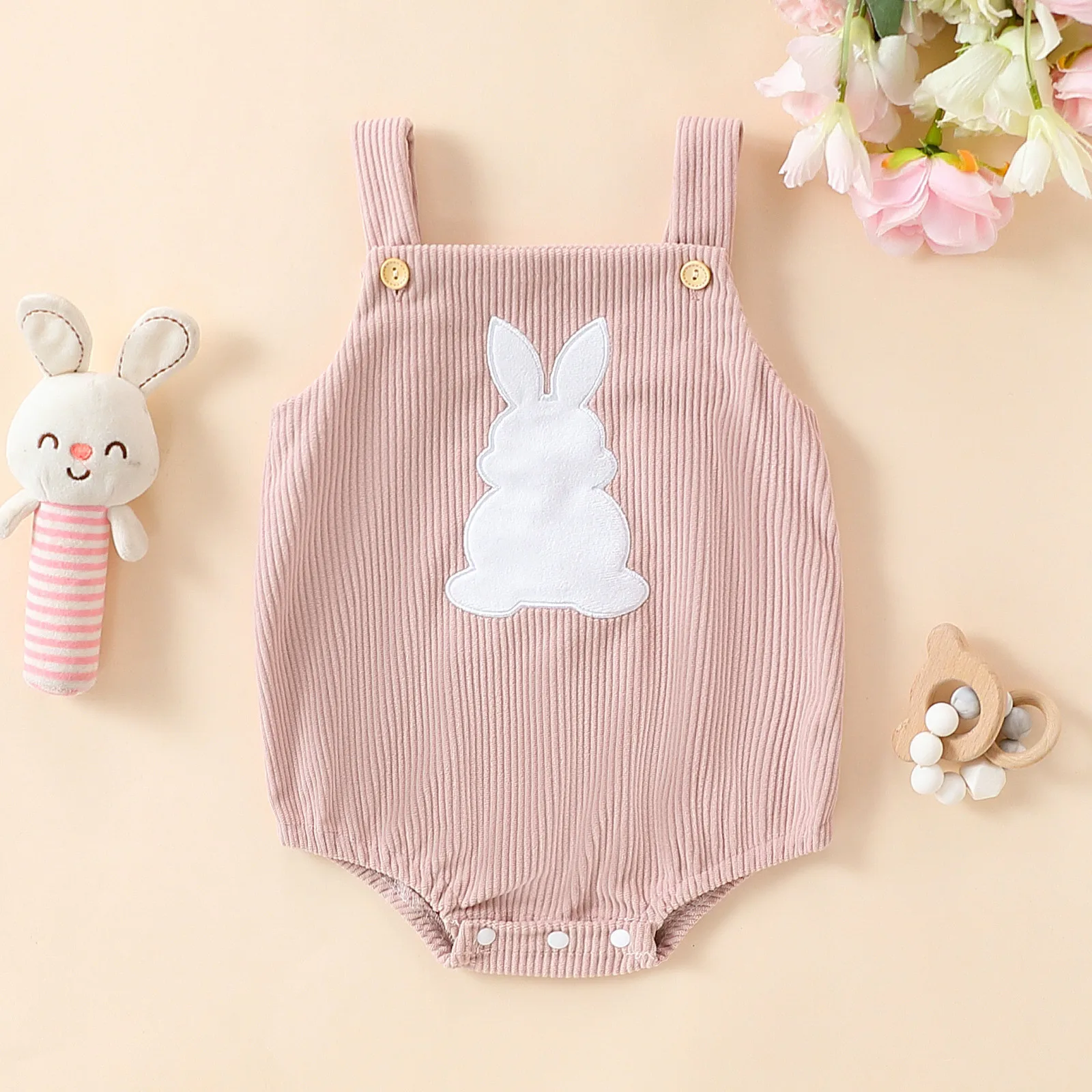 Newborn Baby Girls Boys Easter Corduroy Romper Square Neck Button Down Rabbit Patch Appliques Tank Top Jumpsuit Overalls 0-18M