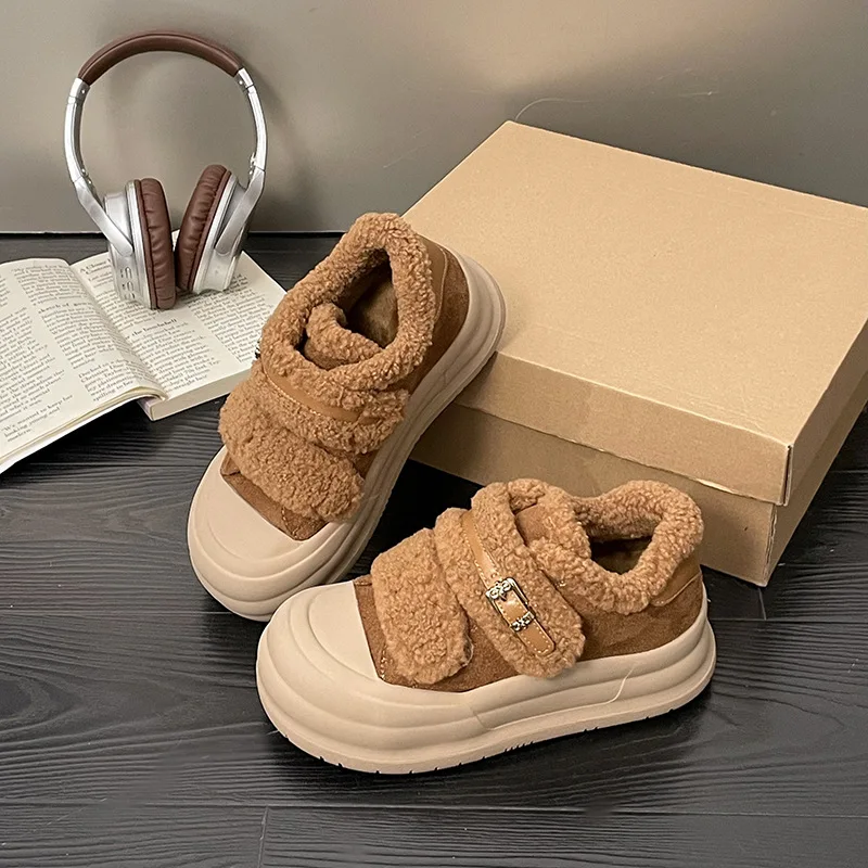 Winter Plush Round Toe Women Shoes Fashion Thick Bottom Flats Warm Slip on Loafers Outdoor Cover Heel Zapatos Mujer