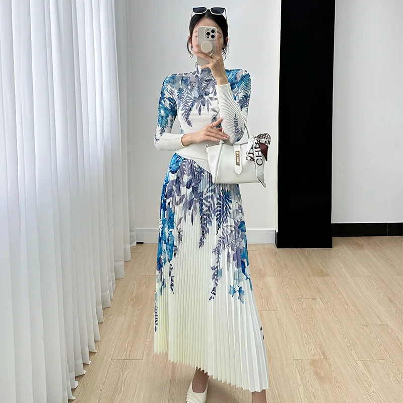 Miyake-conjunto plisado de manga larga para mujer, traje de dos piezas con estampado de gama alta, para ocio y viajes, novedad de otoño, 2024