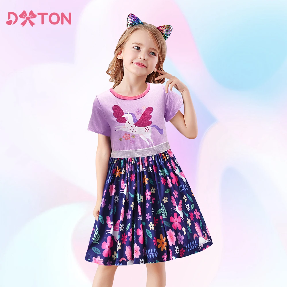 DXTON Girls Cotton Dress for Summer Kids Flower Print Patchwork Short Sleeve Dresses Girls Licorne Vestidos Children Costumes