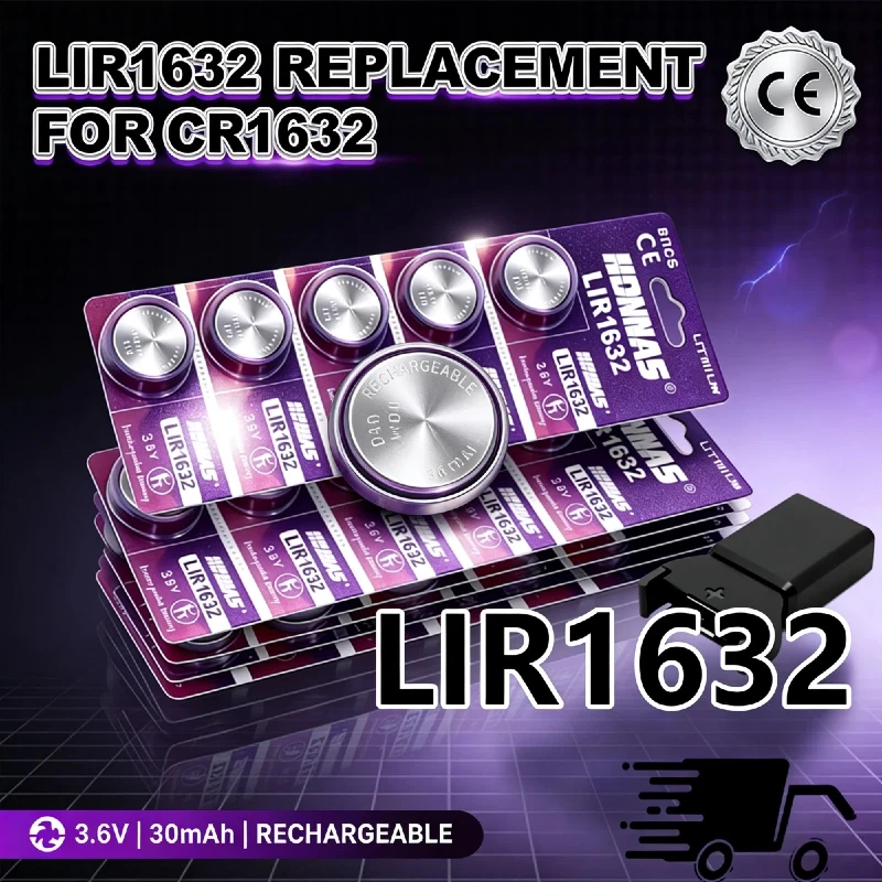 

LIR1632 3.6V 30mAh Rechargeable Lithium Button Coin Battery Replace CR1632 For Car Remote Control Watch Toy Calculator