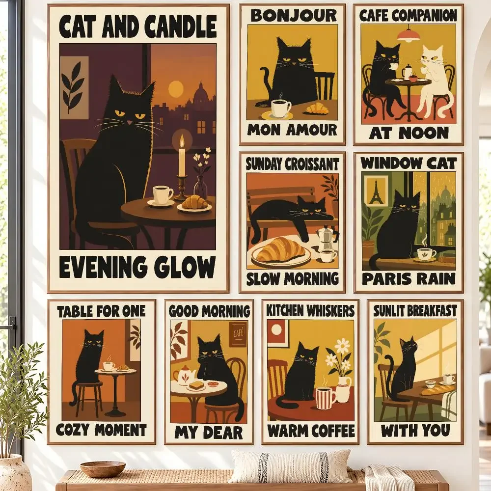 Retro French Cafe Cat Morning Moments Poster Self Adhesive Matte Wall Art Removable Home Room Decoration